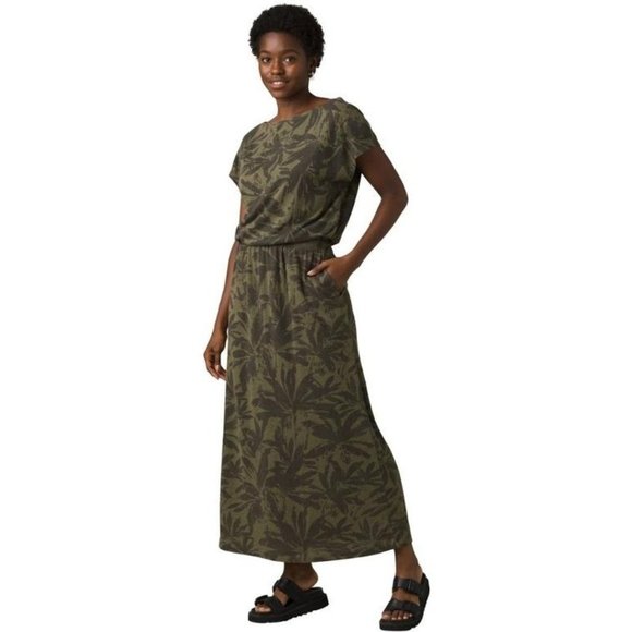 prAna Cozy Up Skyland Dress Maxi Drop Waist Boat Neck Cargo Palms Olive Green M - Picture 1 of 7